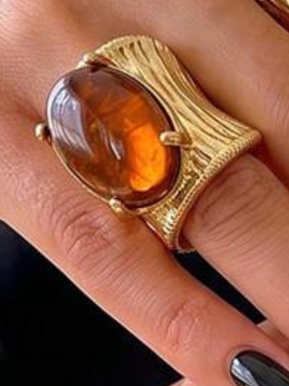 Gold-Plate Amber Cabochon Statement Ring - Women Jewelry
